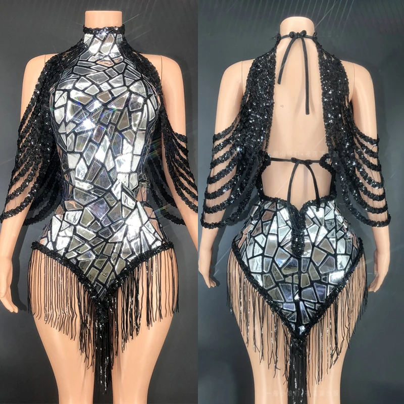 

Sexy Backless Silver Mirrors Dress Black Sequins Fringe Outfit Drag Queen Costume Nightclub Dj Stage Pole Dance Clothing XS4492
