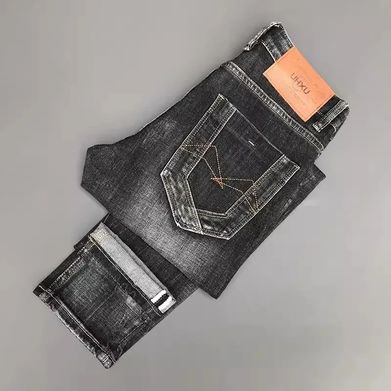 Fashion Designer Men Jeans High Quality Retro Black Gray Stretch Slim Fit Ripped Jeans Men Printed Designer Vintage Denim Pants
