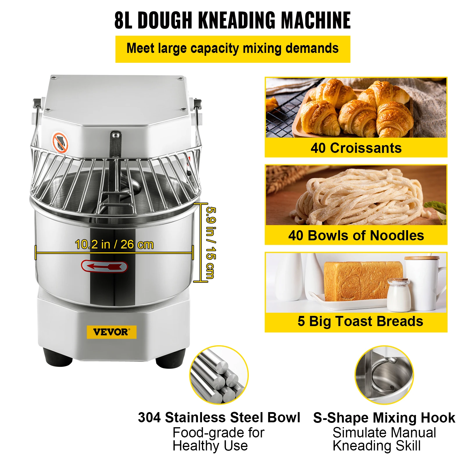 VEVOR Commercial Food Mixer, 8.5Qt Capacity, 450W Dual Rotating Dough Kneading Machine with Food-grade Stainless Steel Bowl 3