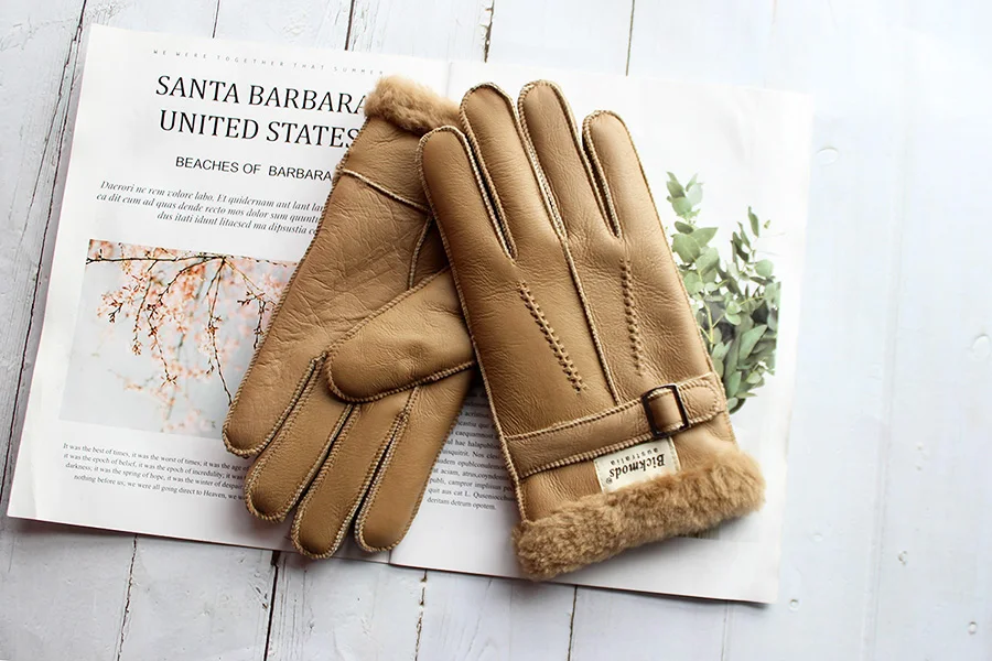 Sheepskin Fur Gloves Men Leather Thick Winter Warm Outdoor Wind and Cold Handmade Sewing Finger New Bickmods Brand