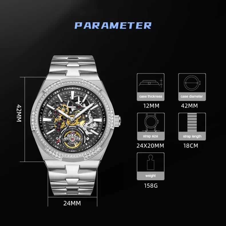 HANBORO Men Automatic Watch 42mm Luxury Mechanical Wristwatch 50M Waterproof Skeleton Luminous Sapphire 110pcs Crystal Bezel images - 6