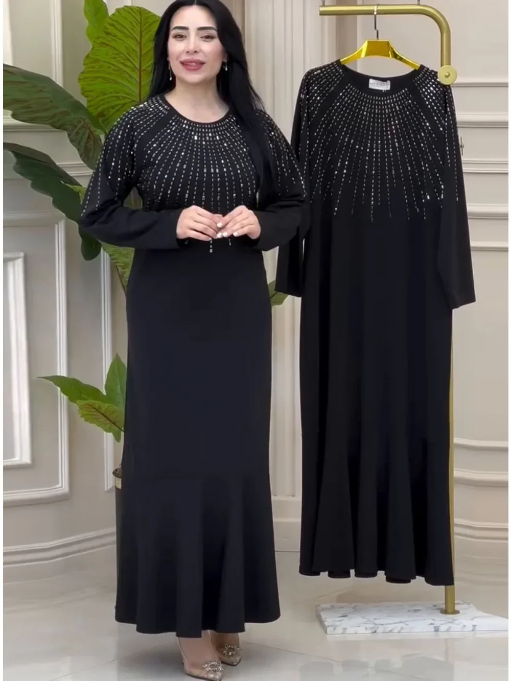 Abito Abaya In Raso Nero, Abito Da Sposa A Strati Fluido, Abito Da Cocktail Elegante, Abito Da Sera Taglie Forti, Abito Lungo Formale Con Balze - Italia - Foto 7