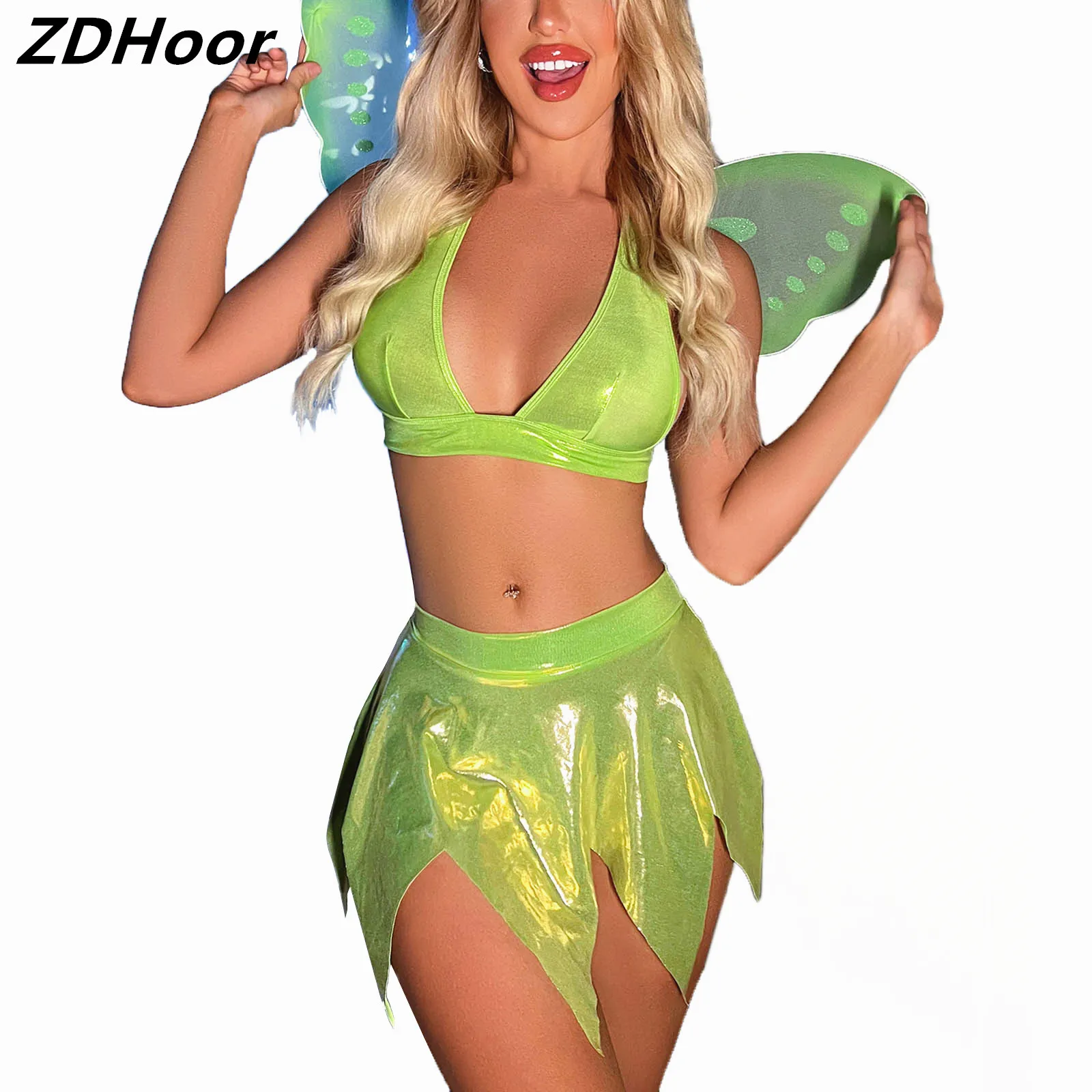 

Women Halloween Forest Elf Fairy Cosplay Costume Sexy Shiny Backless Bra Crop Top+Mini Skirt Wings Set for Theme Party Role Play