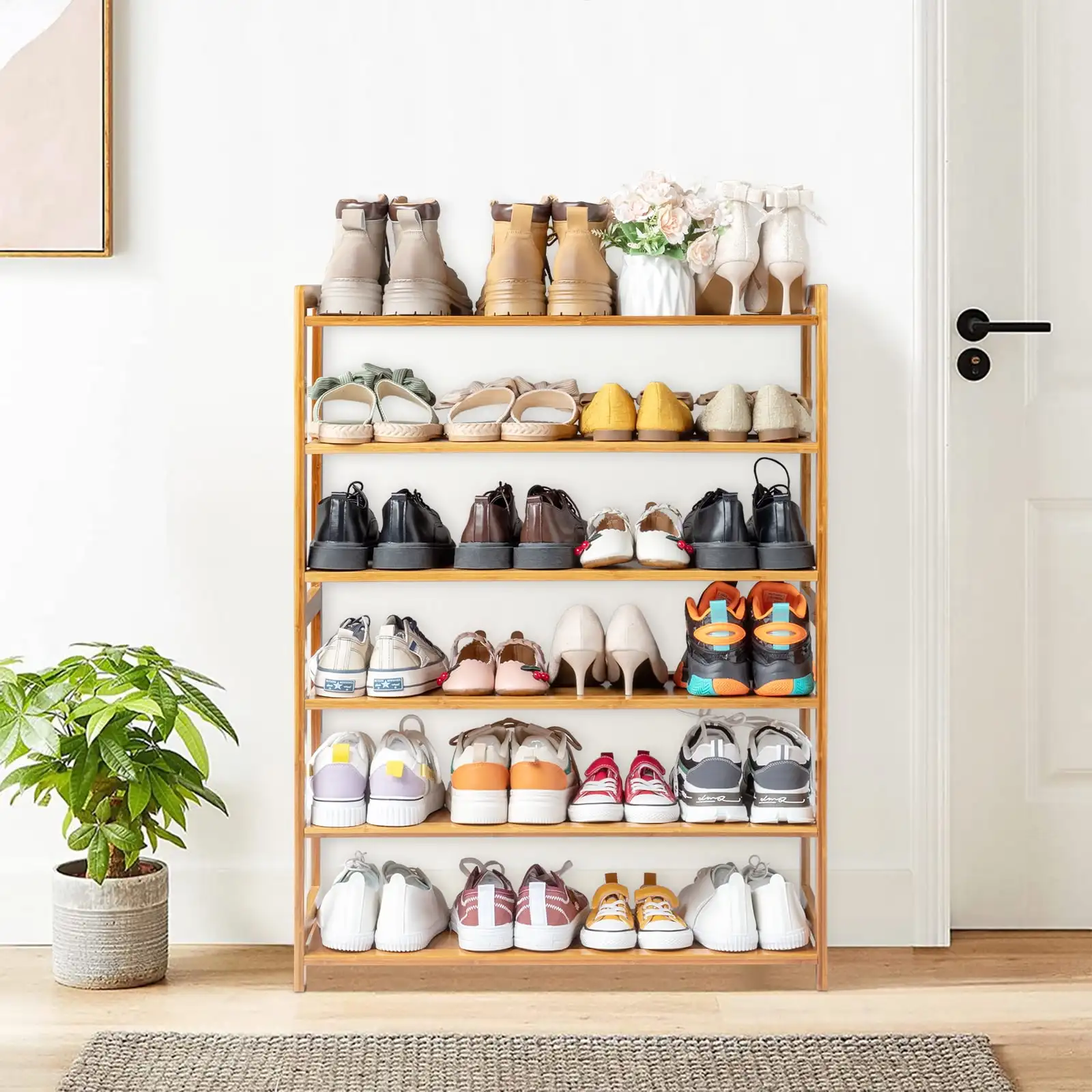 6-Tier Bamboo Wood Shoe Shelf Shoe Rack 18-24Pairs Utility Shoe Storage Organizer Shelving for Entryway Bedroom Living Room Home 4