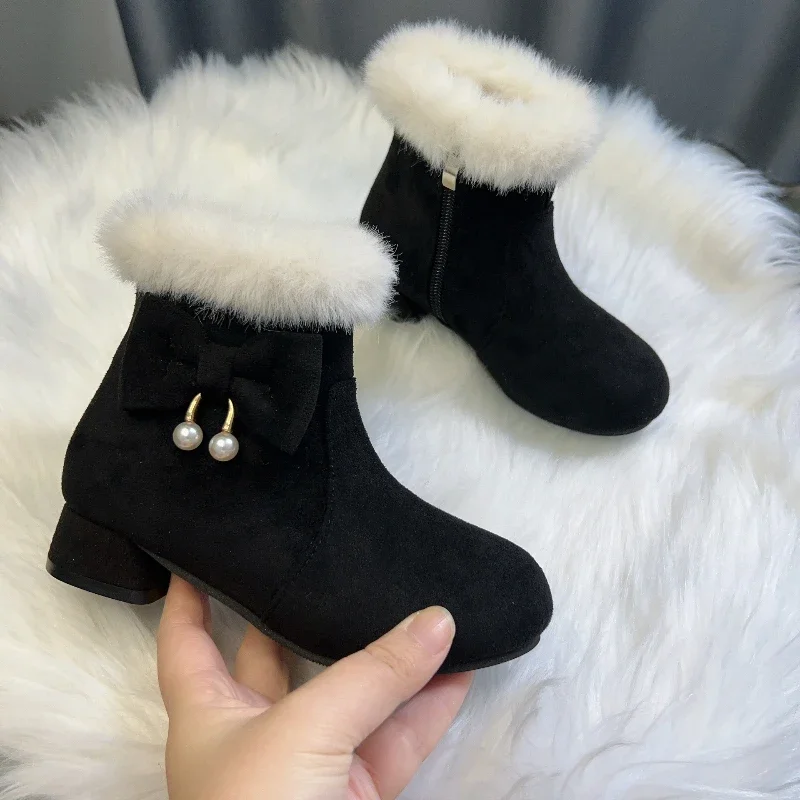Winter Children Furry Warm Boots Princess Black Red Girl High-heels Fashion Boot Hairy Versatile Bowknot Kids Causal Ankle Boots