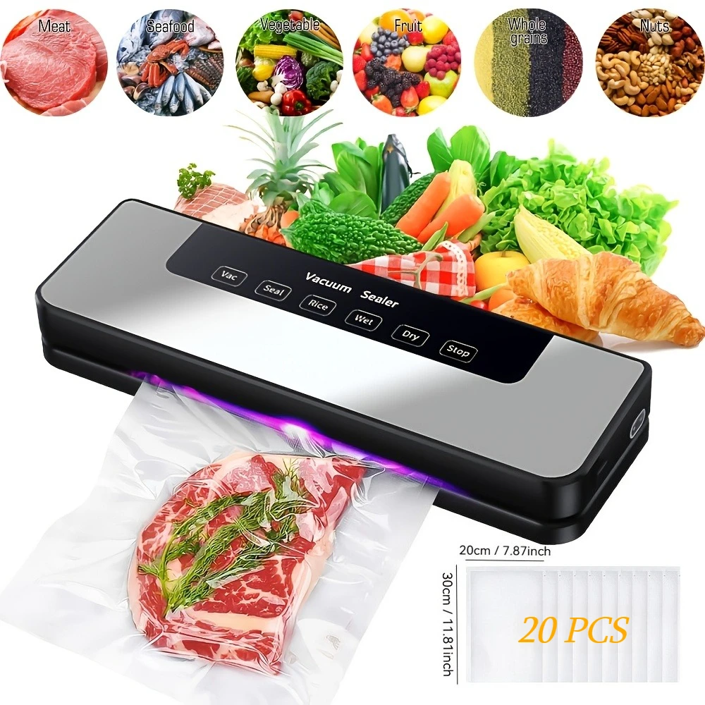 Food Vacuum Sealer Machine 65Kpa Strong Suction Stainless Steel 6-in-1 Dry/Wet Modes with 20 Bags Automatic Food Saver Grey 1