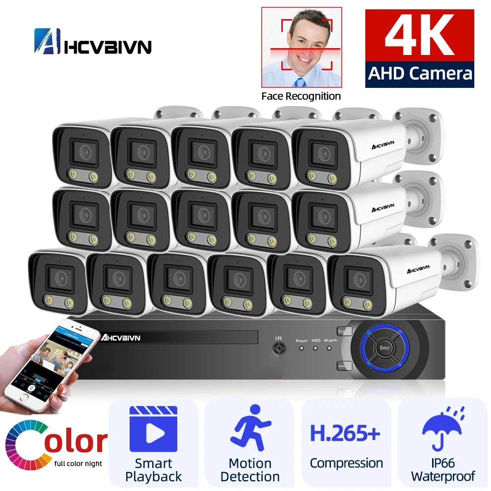 

H.265 4K CCTV Video Surveillance Camera Kit 16CH 8MP AHD DVR Ourdoor Motion Detection Colorful Night Security Camera System P2P