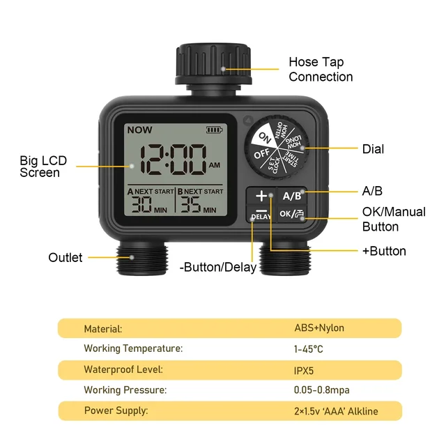 Water Timering Newest 2-Outlet Digital Water Timer A/B-Zone Independent Programer Control Adjustable Sprinker Easy Installation 6