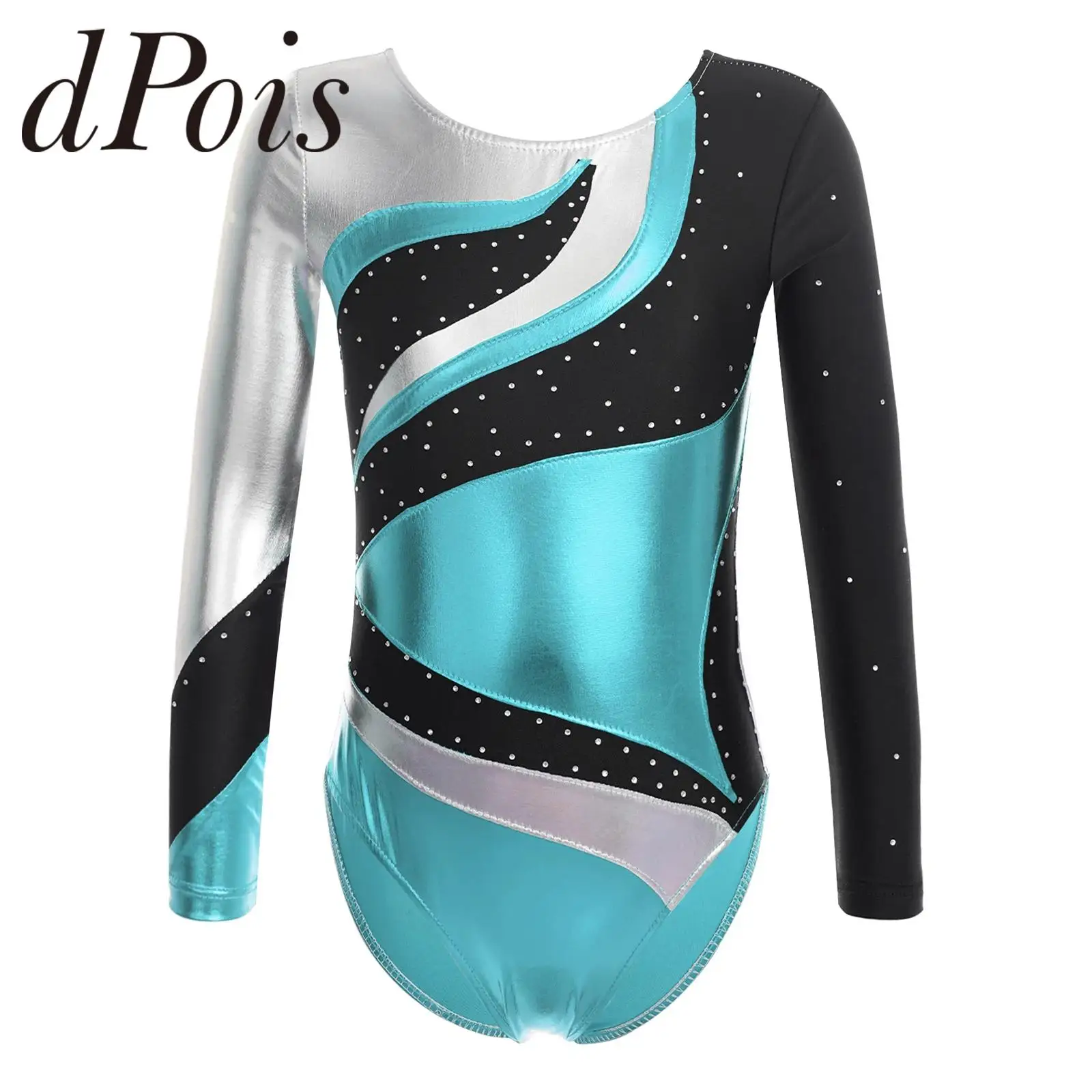 Gymnastics Jumpsuit Kids Girls Long Sleeve Metallic Shiny Rhinestone Figure Ice Skating Bodysuit Children Ballet Dance Leotard