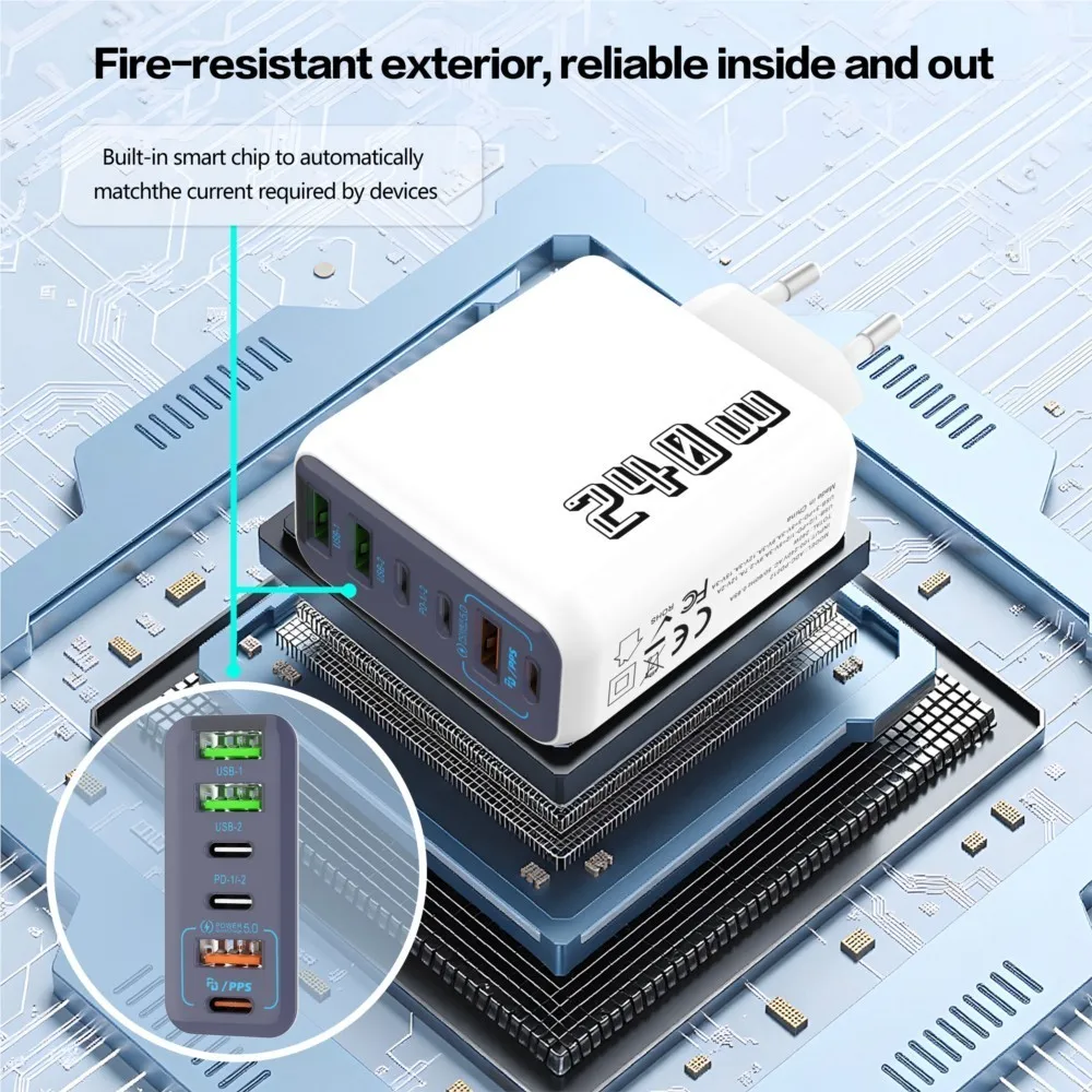 Chargeur USB C PD 6 ports 240W, charge rapide 3.0, type C, chargeurs de téléphone USB, adaptateur de charge super rapide pour iPhone, Samsung, Xiaomi