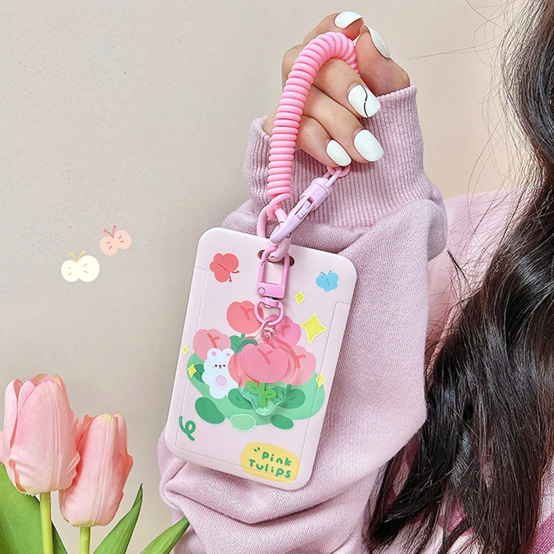 INS Kitten tulip Photocard Holder Cartoon Ins Idols Cards Cover with Keychain Students Card Protectors ID Bank Cards Case acrylic display holder,display case