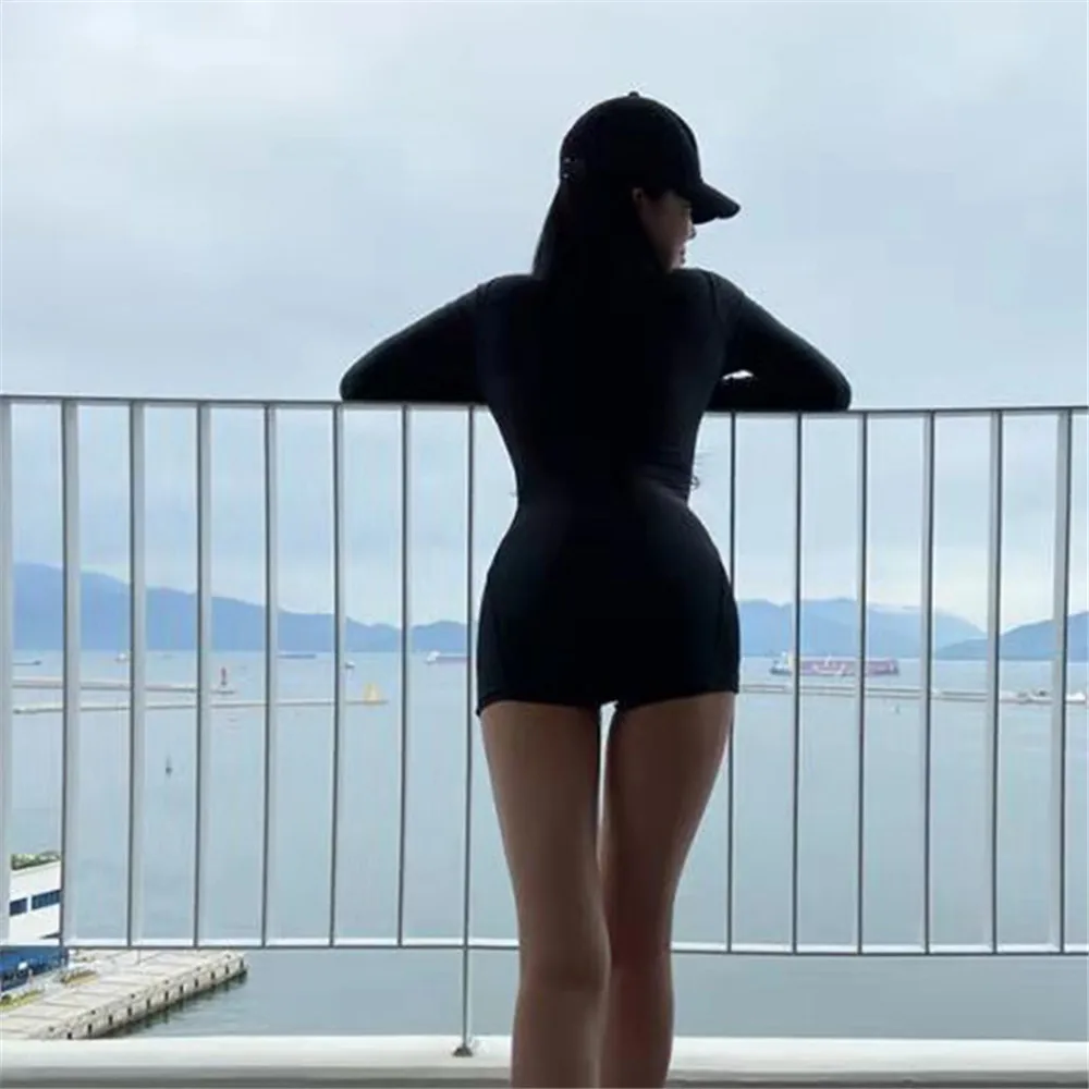 Long Sleeve Rash Guards For Women Solid One Piece Swimsuits Zipper Swimwear High Neck Monokini Shorts Surfing Suits Black Sports women sport swimsuits