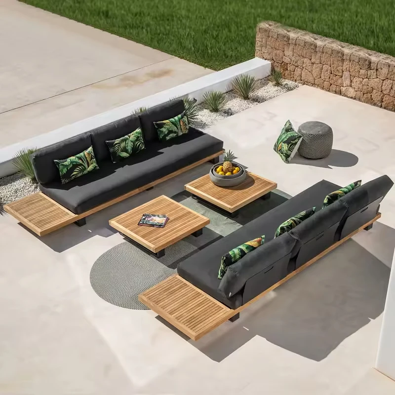 

All-weather solid wood furniture with cushions sofa patio set hotel balcony sectional furniture waterproof garden lounge sofa