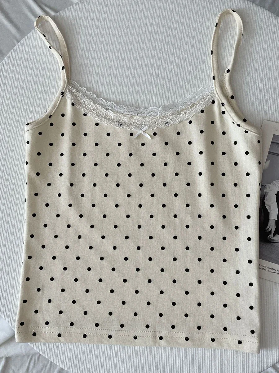Floral Eyelet Lace-Trim Bow Tank Top - Women's Slim Cotton Camisole