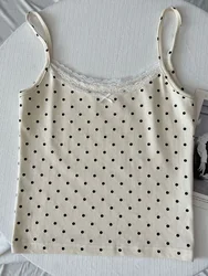 Floral Eyelet Lace - Trim Bow Tank Top - Women's Slim Cotton Camisole - One Size (Black dot)