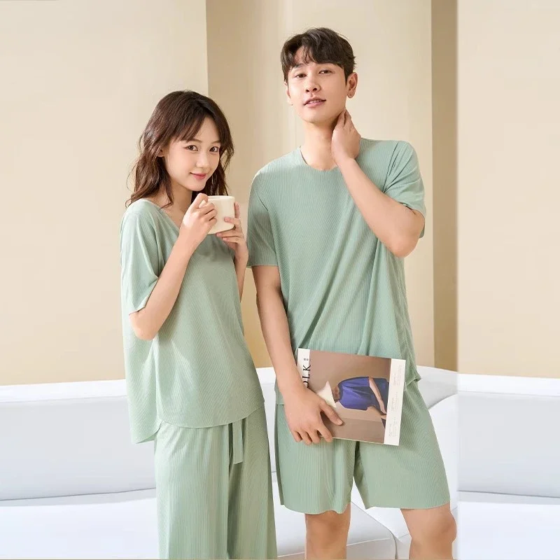 Ice Silk Seamless Pajamas Sets Summer Casual Round Neck Short Sleeved Couple Cool Sleeping Pants Ultra-thin Home Suit Set women pajamas set women pajama suit cotton pajamas set