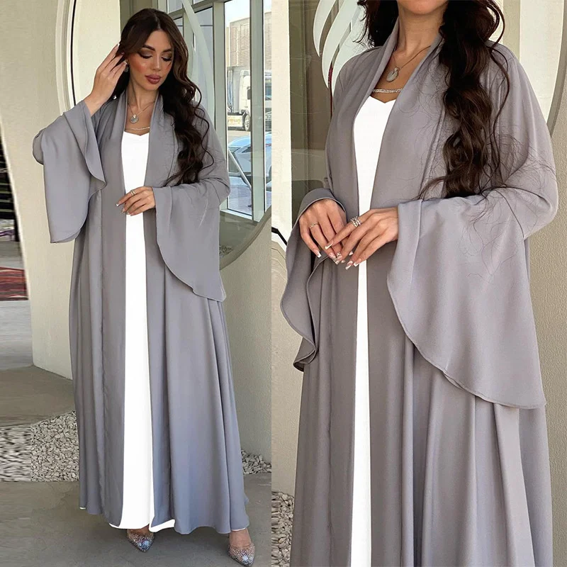

Abaya For Women Muslim Dubai Arabic Fashion Dress With Ruffle Sleeves Solid Color Shawl Jacket Soft And Beautiful Dress Turkey