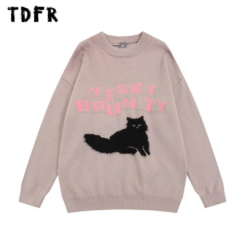 

Cat Jacquard Sweater Mens Letter Autumn Winter Crew Neck Retro Casual Loose Long Sleeve Pullover Men