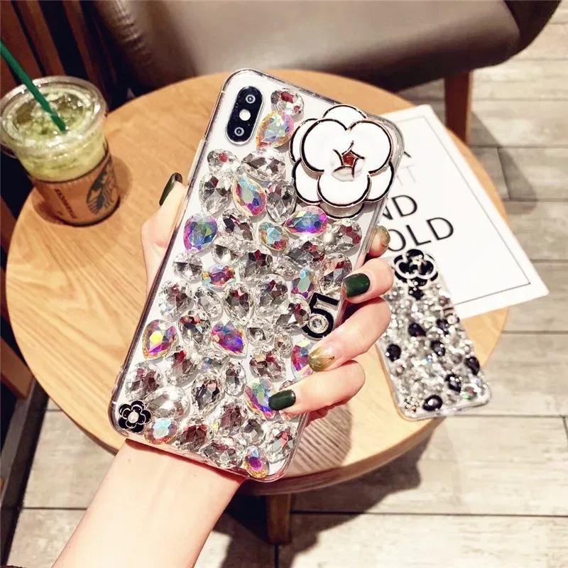 

Luxury Bling Rhinestone Camellia Diamond Case Capa For Xiaomi Redmi 9A 9C Note8 9 Pro Note 10S Note11 Pro 12Pro Phone Cover