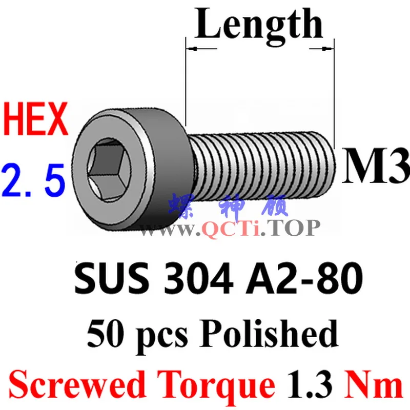 50pcs DIN 912 Stainless Steel M3 screw M3x6 M3x8 M3x10 M3x12 M3x14 M3x15 M3x16 M3x20 Hex 2.5 Driver Socket Head A2-80 Polished