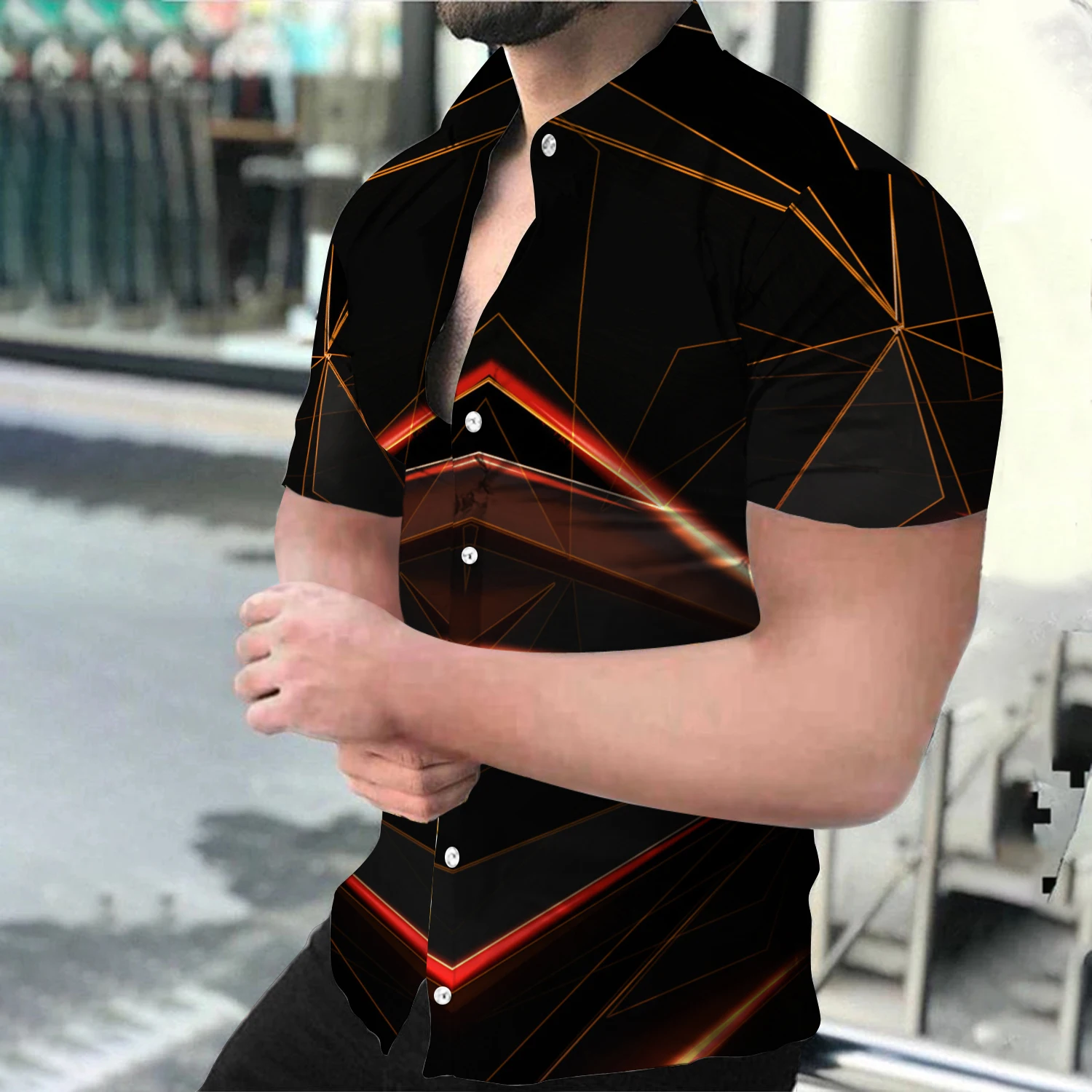 

Fashion Men's Social Shirt Geometry Slim Fit Printed Shirts Casual Short Sleeve LapelDance Tops Summer Plus Size Chemise Homme