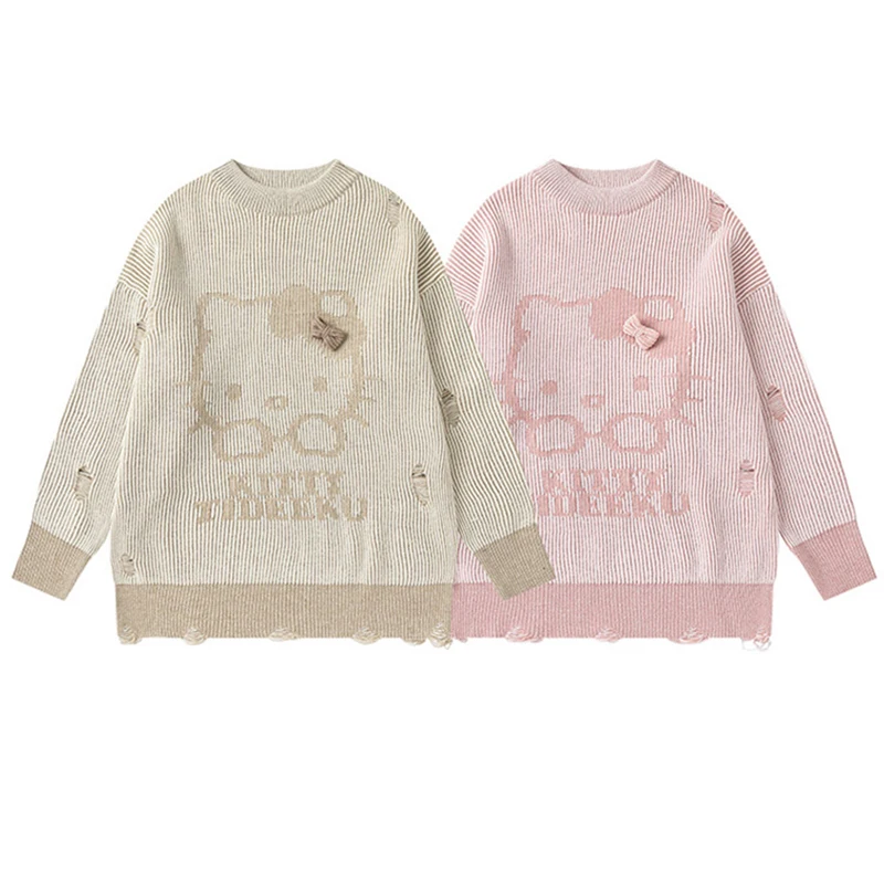 

Hellokitty Hole Round Neck Pink Sweater Cartoon Sanrio Autumn Female Anime Cute Sweet Loose Casual Plush Couple Inner Sweater