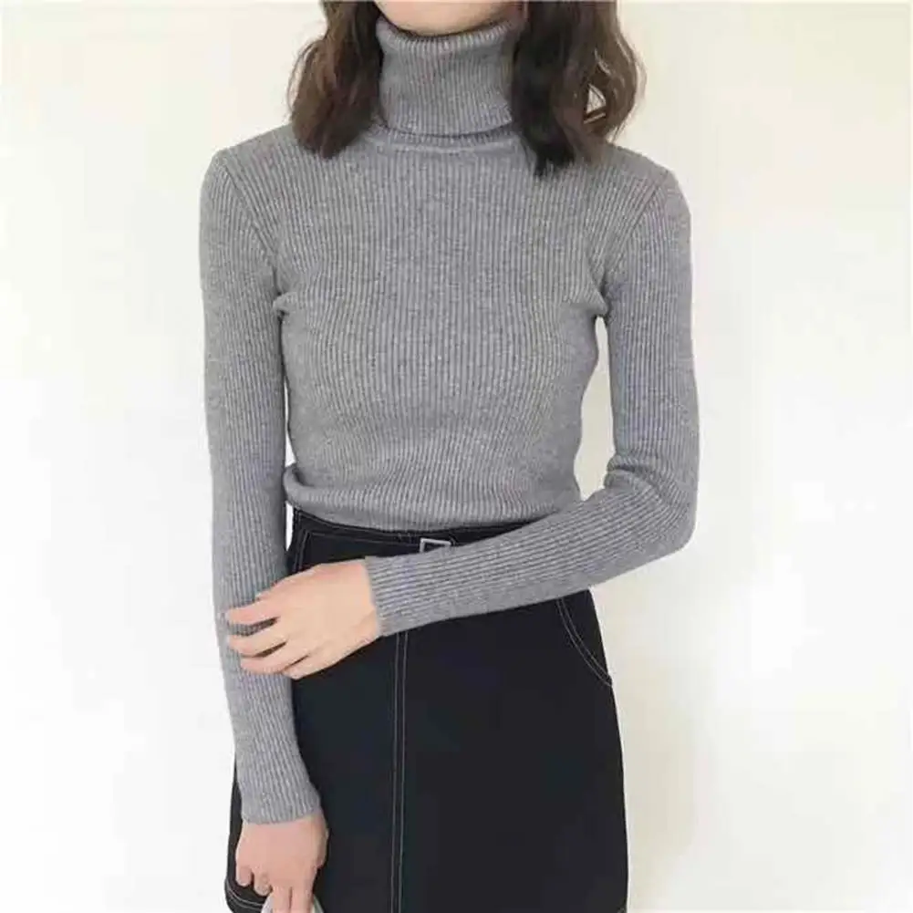 

New Women Pullover Turtleneck Sweater Autumn Long Sleeve Slim Elastic Korean Simple Basic Cheap Jumper Solid Color Top