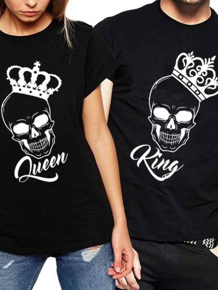 

King Queen Couples T Shirt Skull Crown Printing Couple Clothes Summer T-shirt Women Man Casual O-neck Tops Lovers Tee Shirt