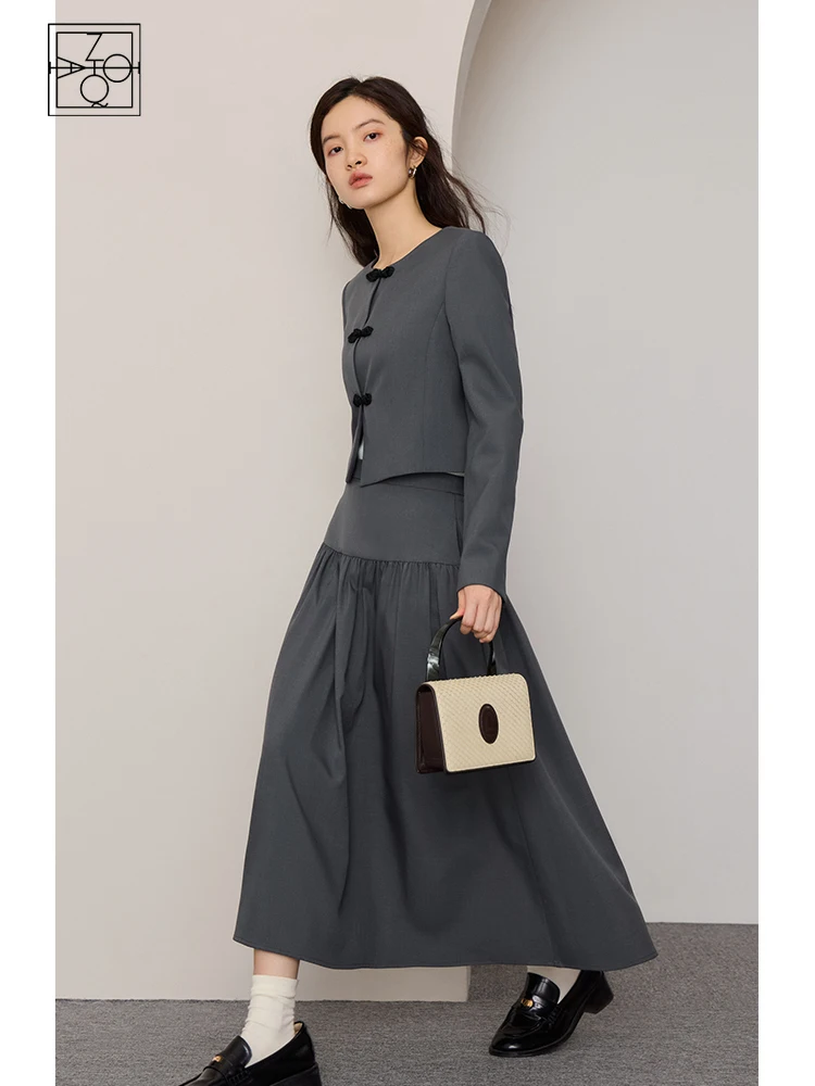 

ZIQIAO Women Blazer Skirt Sets Office Lady Grey Temperament Buckle Button Cropped Round Neck Blazers High Waist Women Long Skirt