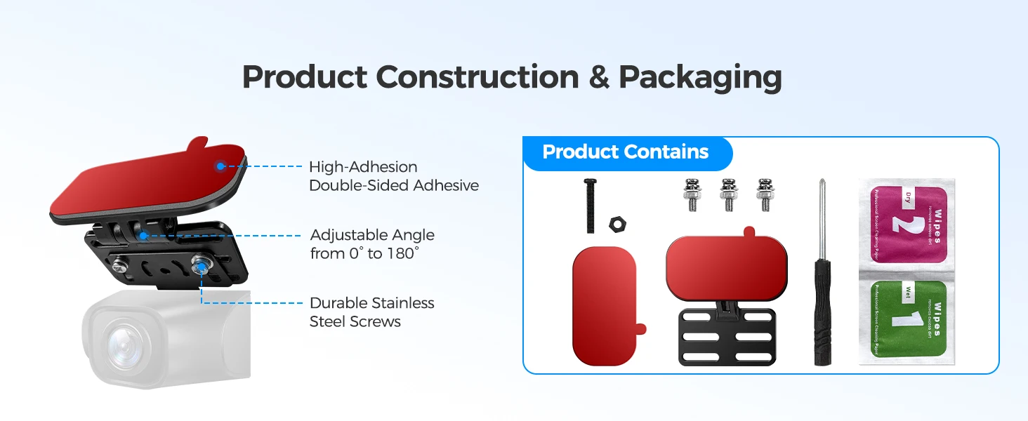 Red rear window dash cam mount with adhesive strip and steel screws