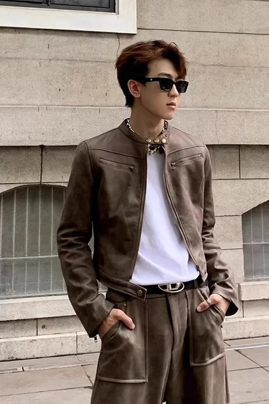 Fashion Women Bomber Jacket Chic Cropped Leather Short Coat Female Stand Collar Gothic Racing Jackets Biker Motorcycle Outerwear