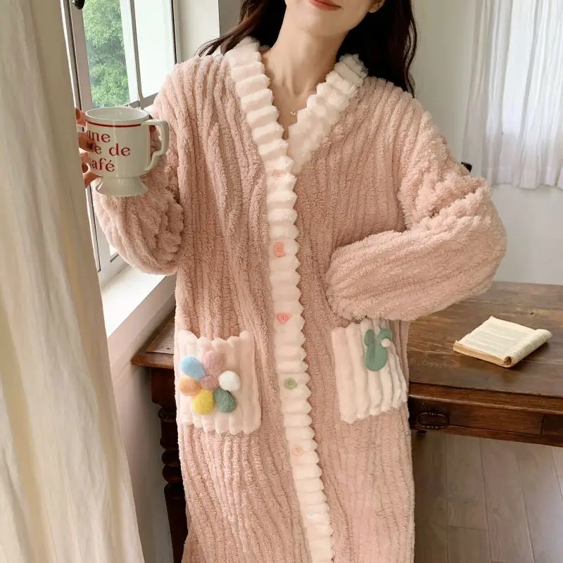 Winter Robe Women Coral Velvet Padded Thickened Nightgown Bathrobe Autumn Winter Long Bathrobe Jacket Facecloth Pajamas New