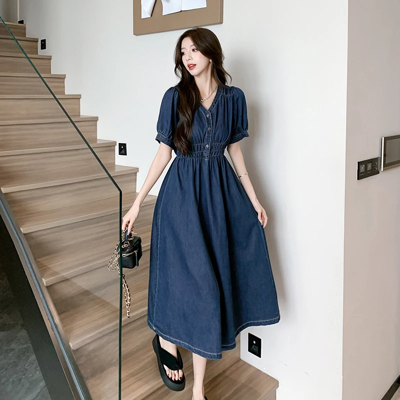 Fake Two Patchwork Shirts Denim Dress Women Summer Design Slim Waist Jean  Dresses Korean Fashion Half Sleeve Mid Length Vestidos - AliExpress