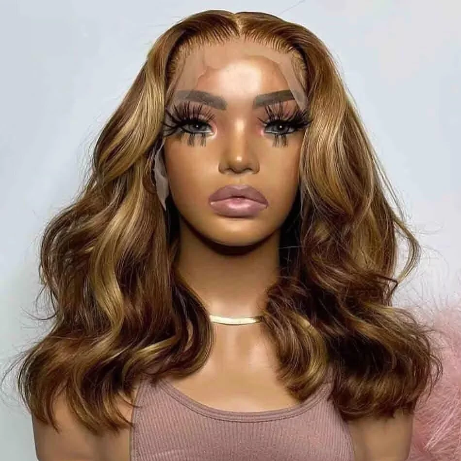 Honey Blonde Bob Wig Human Hair 14 Inch 13x4 Body Wave 4/27 Highlight Ombre HD Lace Front Wigs Human Hair Pre Plucked Glueless Lace Frontal Bob Wigs for Women Colored Wig 3