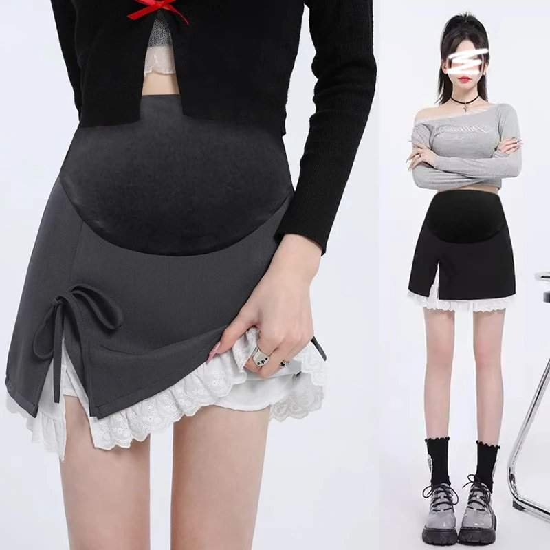 Summer Pregnant Woman Suit Skirts Lace Hem Patchwork Side Split Irregular Maternity Belly Skirt with Lining Pregnancy Skirt