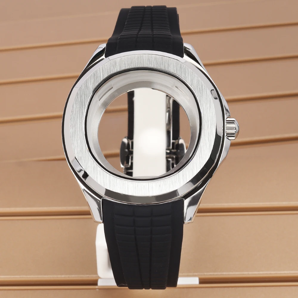 Silver Square Watch Case with Black and Blue Rubber Strap & Sapphire Crystal