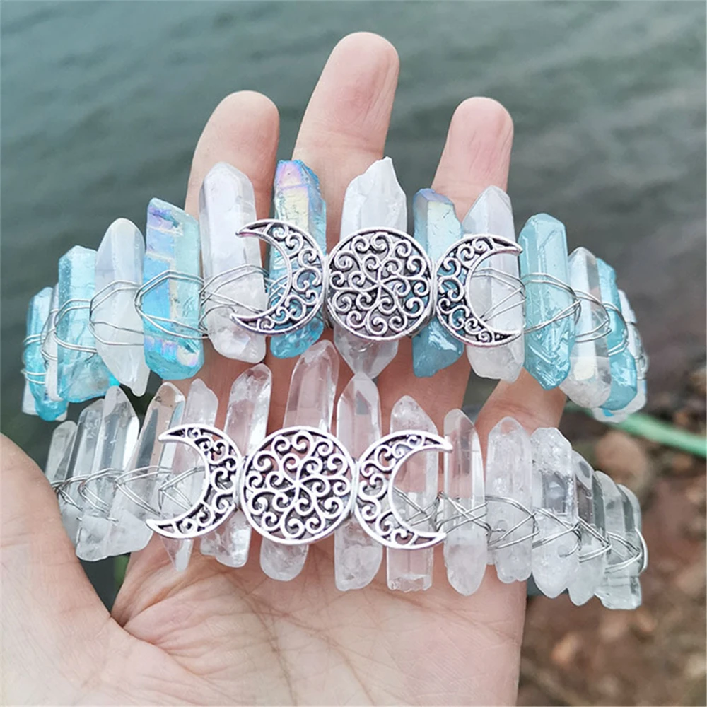 Charm Natural Crystal Wicca Moon Hair Accessories Women Witch Girl Crown Handmade Raw Quartz Headdress Gothic Prom Tiara Jewelry