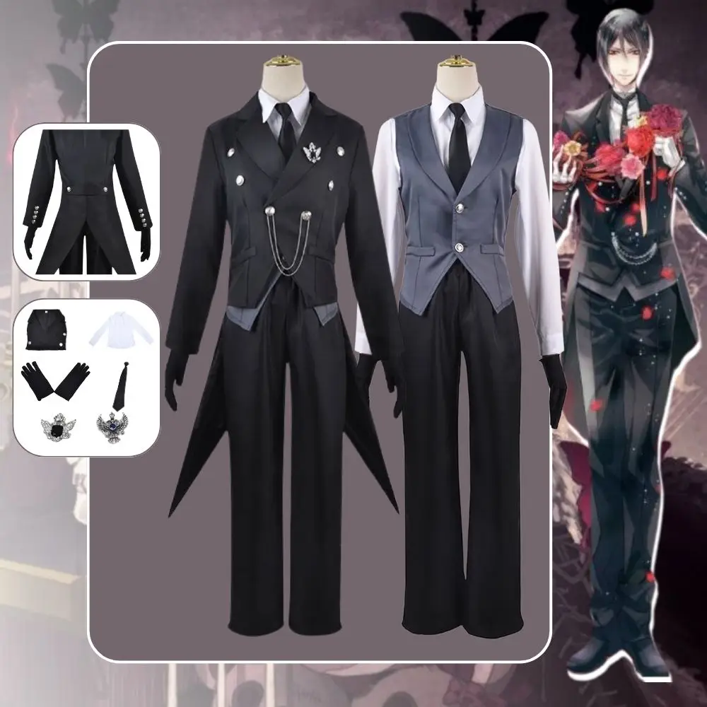 

Костюм для косплея Аниме Черный Батлер себас, комплект из пальто и рубашки и жилета, карнавальный костюм для Хэллоуина, Маскировка для мужчин и взрослых
