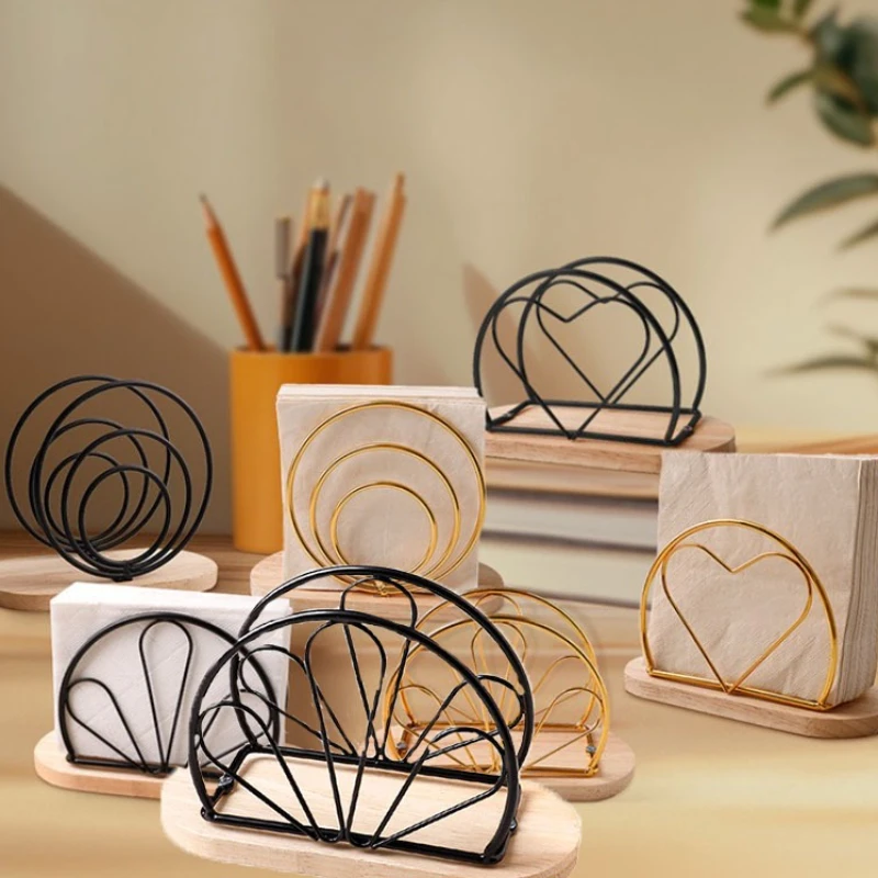 Nordic Iron Napkin Holder with Wood Base for Home and Hotel