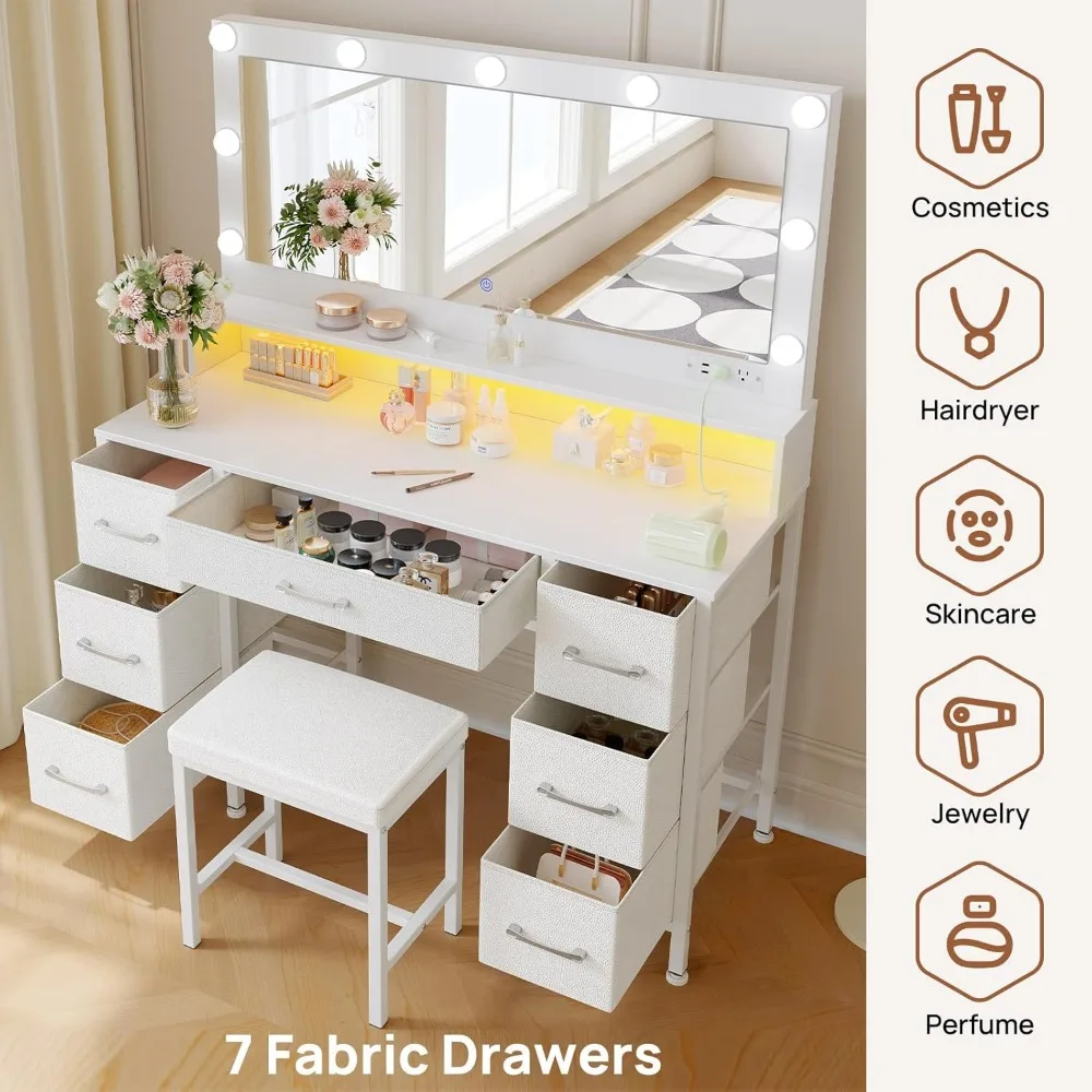 Vanity Desk with Mirror and Lights, Makeup Vanity with Upholstered Vanity Stool,Fabric Drawers,9 Dimmable LED Bulbs,Vanity Set 3