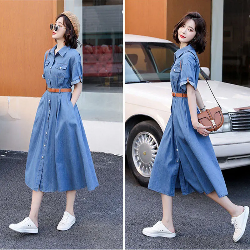 Fashion Belt Long Denim Dress Women 2023 Summer Lapel Single Breasted Jean  Dresses Blue Short Sleeved Thin Slim Casual Vestidos