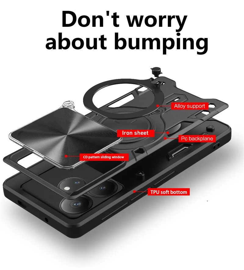 Enhanced Slide Lens Protect Phone Case with Armor Magnetic Holder and Ring Back Cover