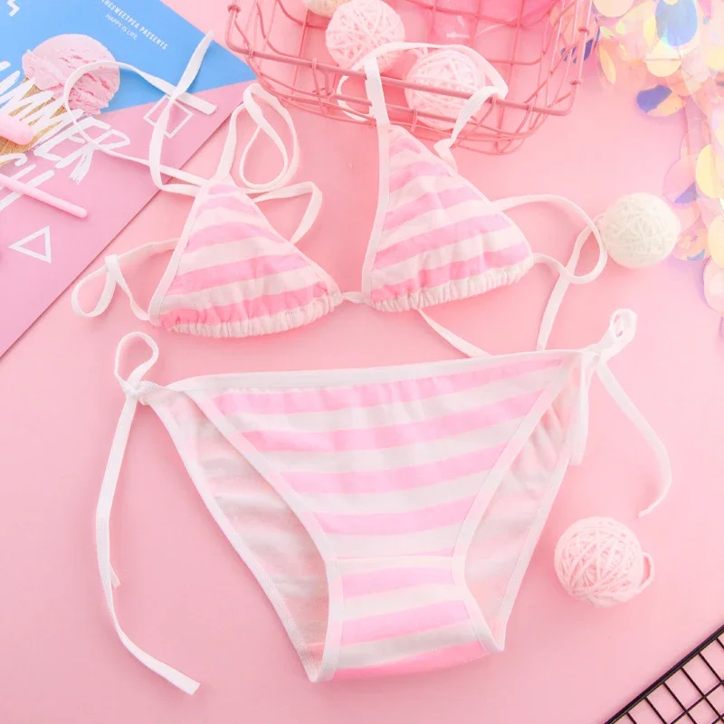Japan Sexy Lingerie Lolita Kawaii Blue Pink White Striped Mini Bikini Adult Cosplay Erotic Costumes Bra Women Underwear 3pcs Set