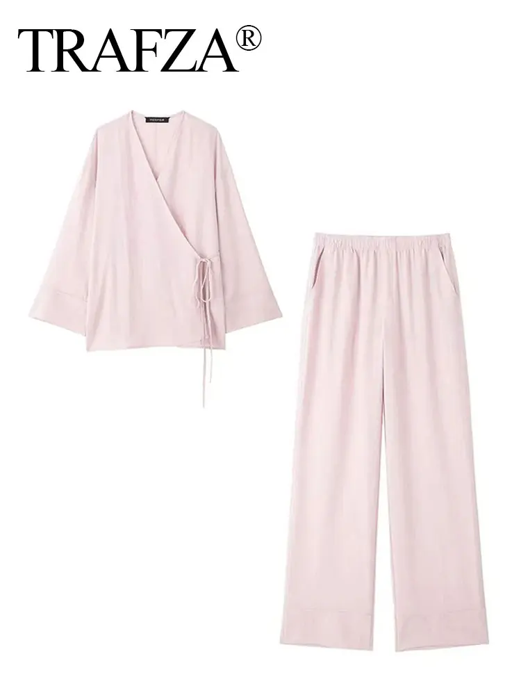 TRAFZA Woman Solid Trousers Set Long Sleeves Casual Lace-Up Shirt Top + Pajama Style Elastic Waist Women's Wide Leg Long Pant