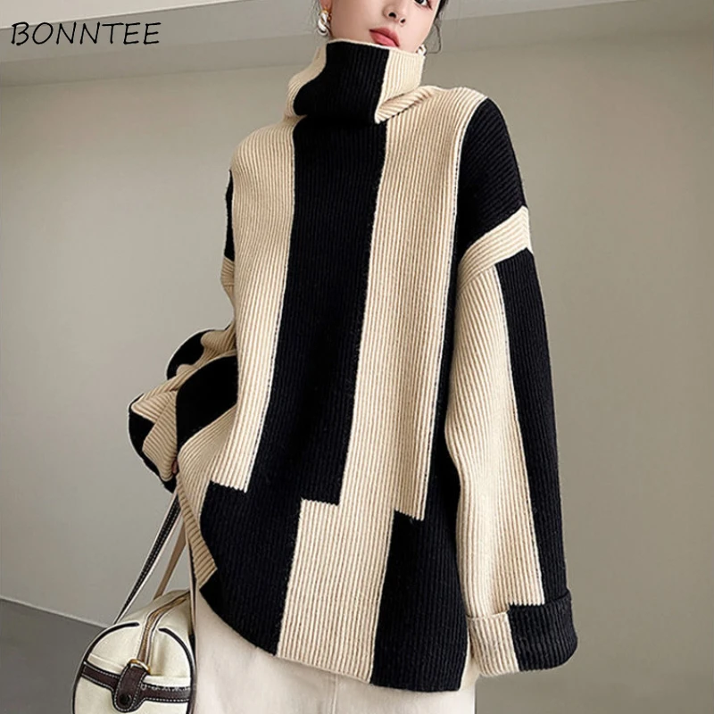 

Turtleneck Pullovers Women Striped Thicker Home Long Sleeve Knitting Tops Casual Sweaters Fall Winter All-match Cozy Keep Warm