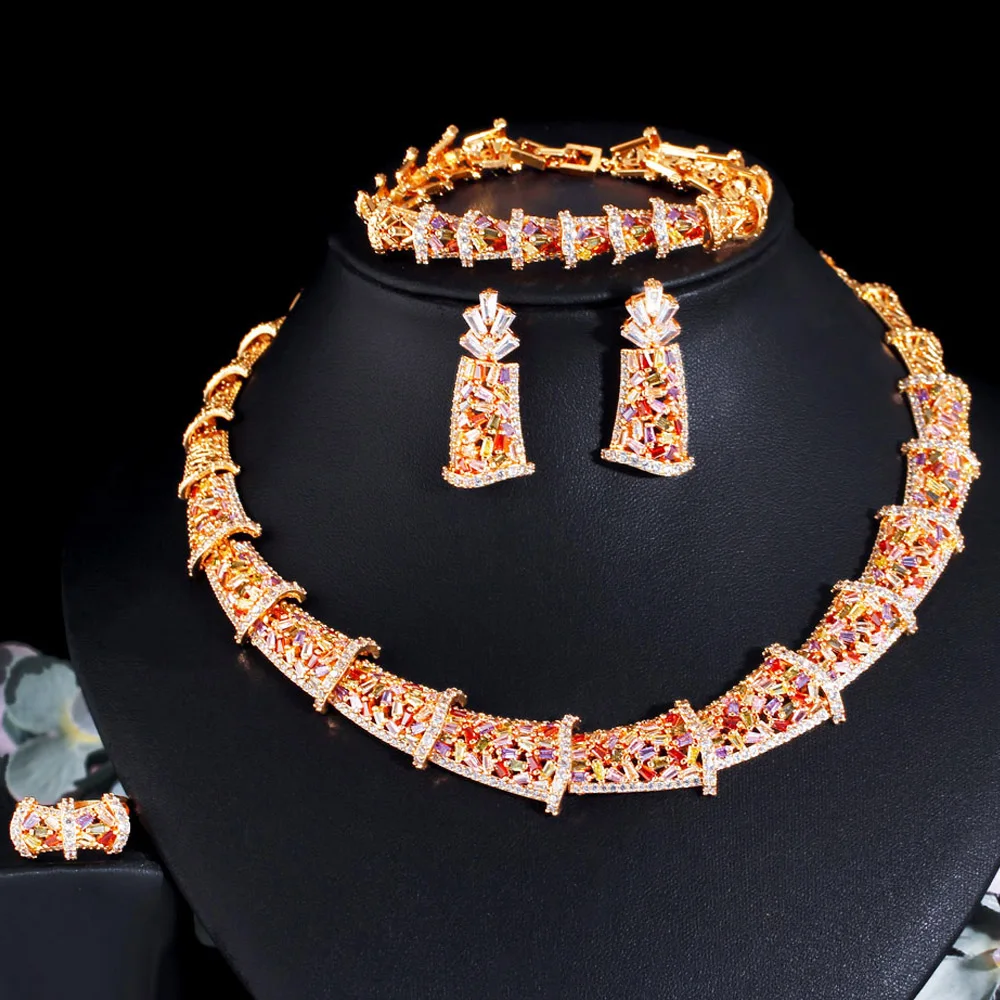 Jewelry Sets 4pcs Cz African Gold Plated Statement Wedding Necklace