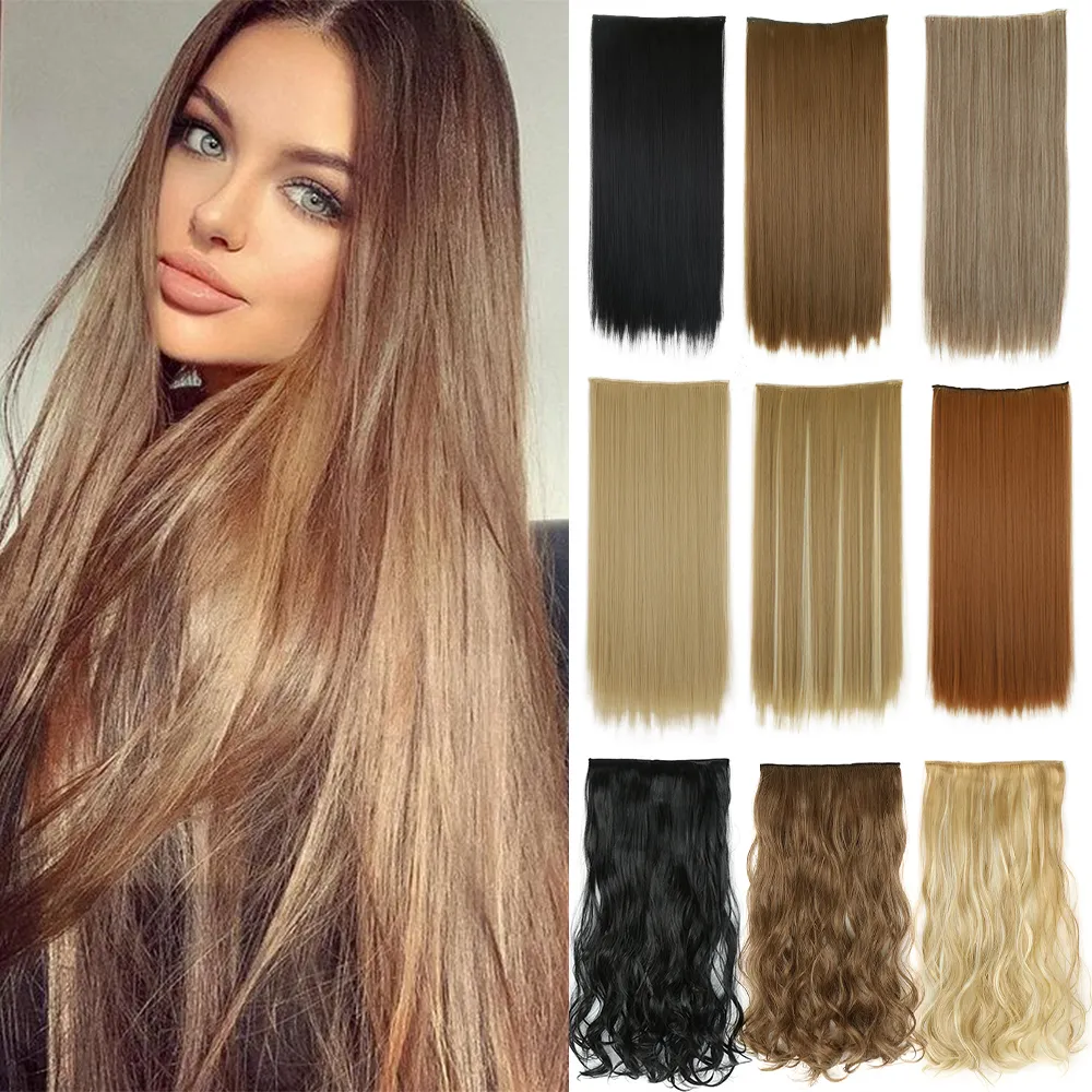 Sintético longo clipe reto extensão de cabelo, cabelo loiro falso, marrom, preto, resistente ao calor, cabelo falso, 5 clipes, 1 PC