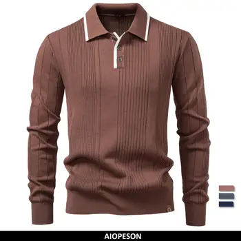 2025 Polo abbottonata da uomo tinta unita a righe manica lunga autunno inverno lusso caldo tocco business casual polo da uomo 1