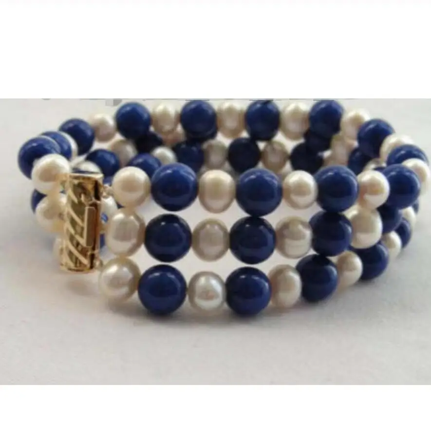 

3rows 8inch Natural White Pearl Lapis Lazuli Bracelet 7.5''
