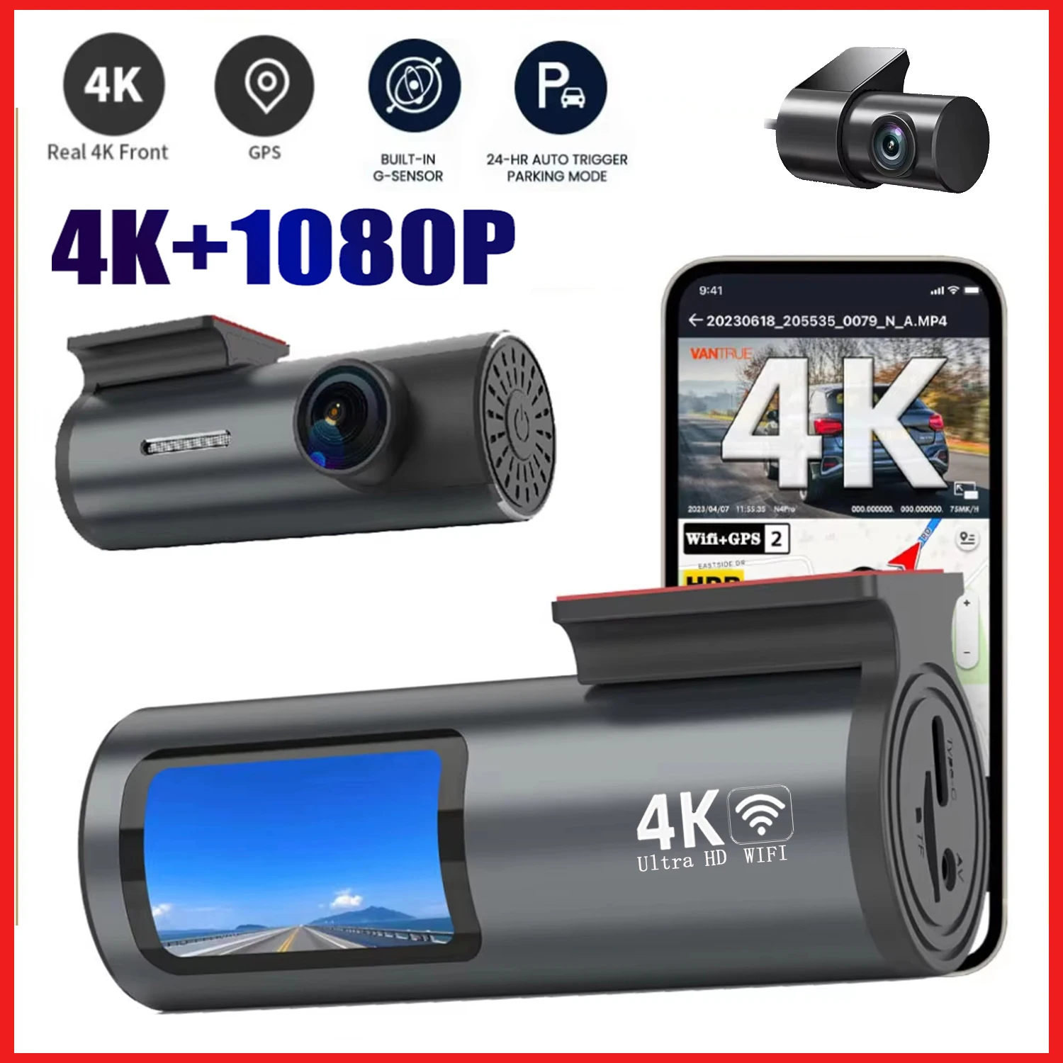 Dash Cam 4K WiFi GPS Dash Camera for Cars Mini Front Car DVR 24H Parking Mode G-Sensor Car Driving Video Recorder Loop Recording